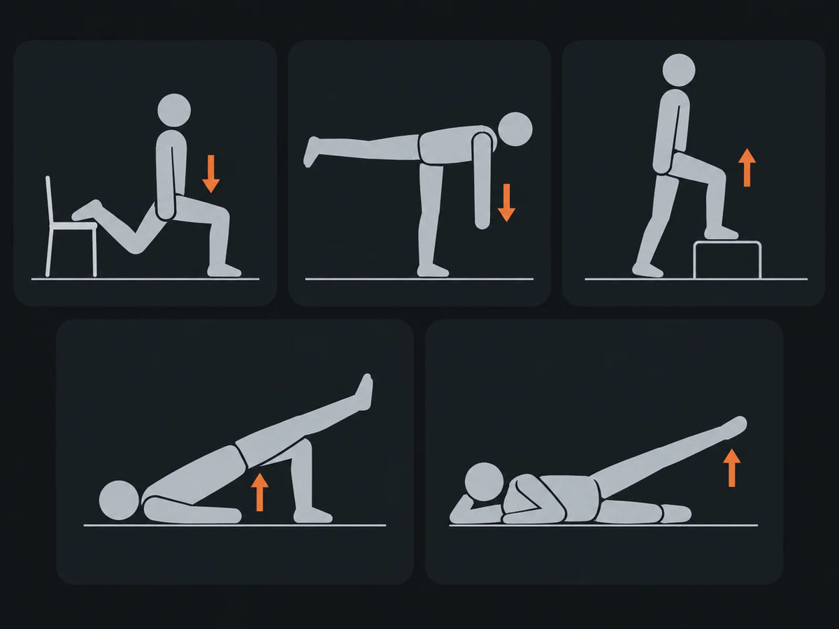 Beş bacak hareketi: Bulgar split squat, tek bacak Romanian deadlift, basamağa çıkış, tek bacak kalça köprüsü, yan yatarak bacak kaldırma
