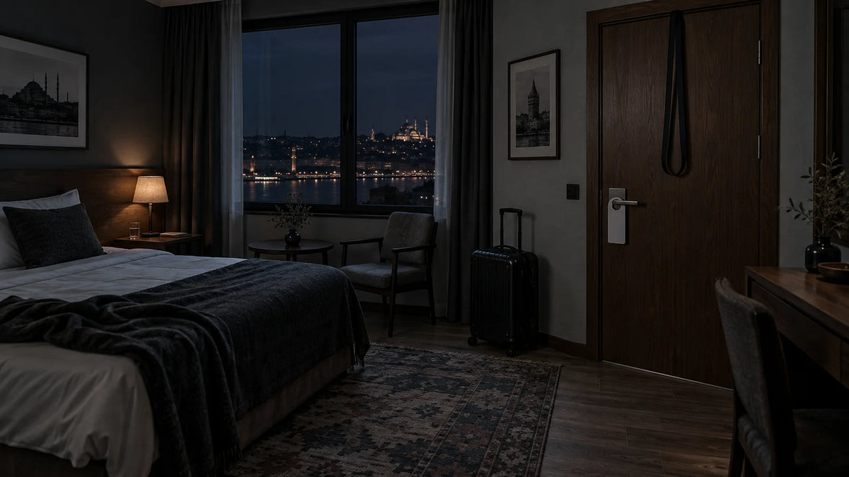 Otel odasında kapalı kapının üst kenarından sarkan siyah direnç bandı ve kapı kolunda yazısız bir askı
